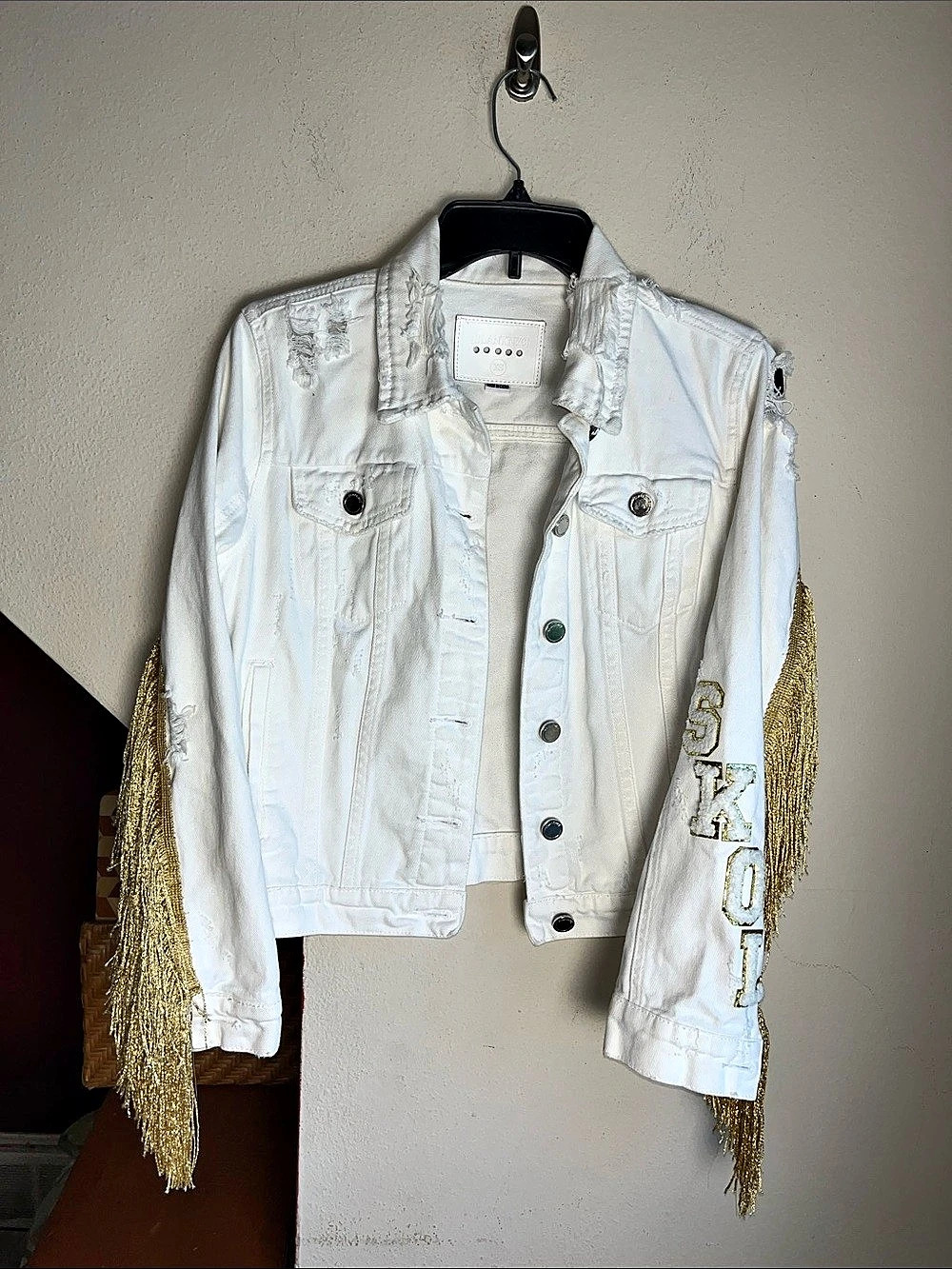Blank NYC White Gold Fringe Denim Jacket Size XS